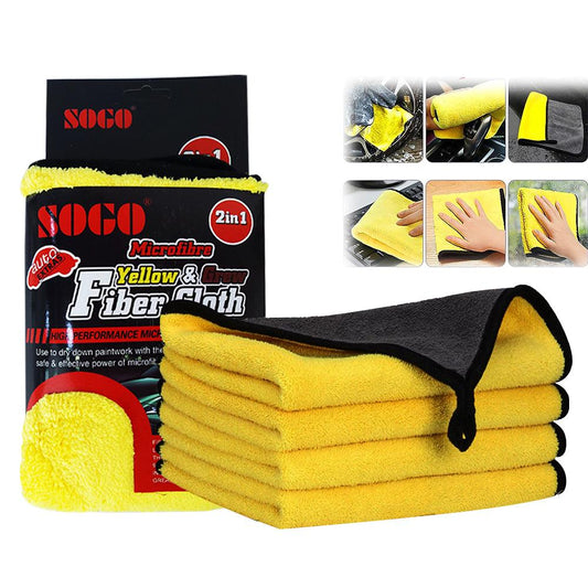 SOGO Microfiber Car Towel Two In One Yellow & Grey - Pack Of 4 - 900 GSM